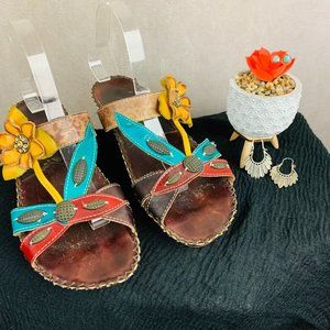 L'Artiste Spring Step Yellow and Turquoise Charlotte Wedge Sandals I Women's Siz